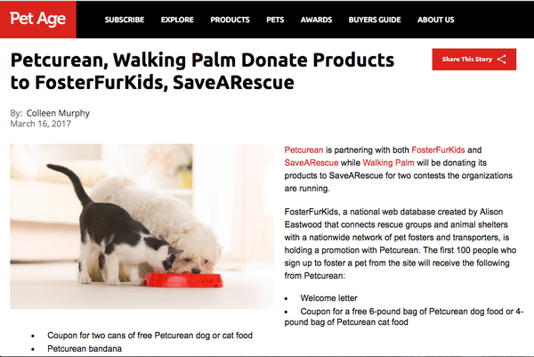 Petcurean, Walking Palm Donate Products to FosterFurKids, SaveARescue